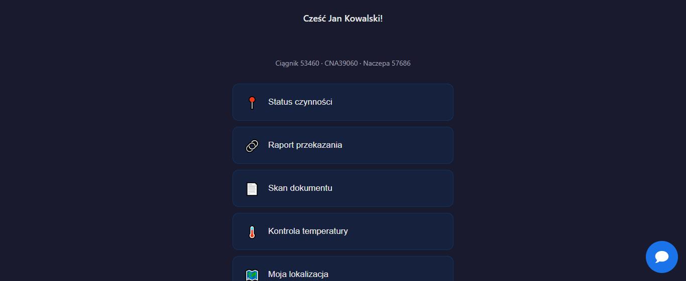 Aplikacja kierowcy TruckReport — ekran główny