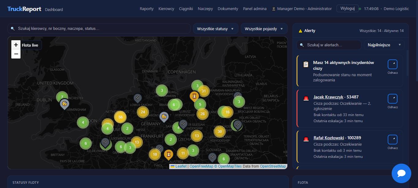 Panel operacyjny TruckReport — mapa floty na żywo z alertami